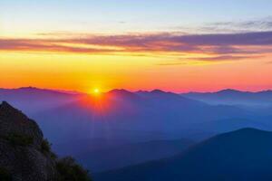 berg silhuetter på solnedgång. ai generativ proffs Foto