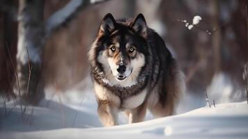 Varg gående, observera, och jakt i de snöig trän i vinter. ai genererad. foto