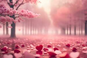 skog av rosa körsbär blommar eller sakura träd och fält av rosa kärlek form blad i en drömmande suddigt bakgrund. ai genererad foto