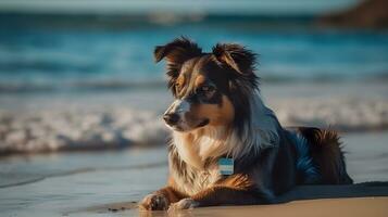 svart brun vit australier herde hund sitta och avslappnad på de strand suddigt bakgrund. ai genererad foto