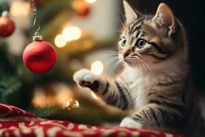 kattunge spelar med en jul boll. glad jul och en Lycklig ny år. foto