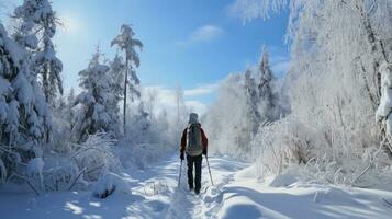 snöskor. fredlig promenader genom snötäckt landskap foto
