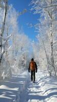 snöskor. fredlig promenader genom snötäckt landskap foto