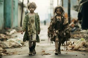 två barn klädd i halloween kostymer gående ner de gator under bus eller godis ai genererad foto