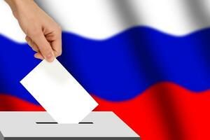 hand droppar de valsedel val mot de bakgrund av de ryssland flagga, begrepp av stat val, folkomröstning foto