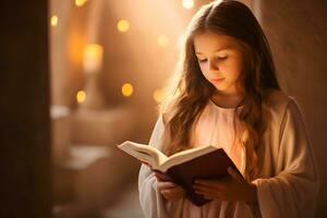 liten flicka läsning helig bibel bok. dyrkan på kyrka. foto