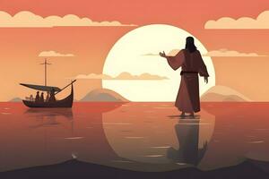 Jesus christ gående på vatten tvärs över de hav mot en båt. foto
