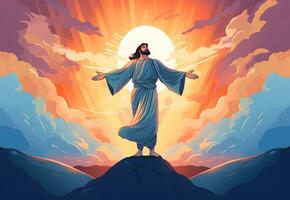 återuppstått Jesus christ på de bergstopp. Gud, himmel och andra kommande begrepp foto