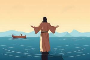 Jesus christ gående på vatten tvärs över de hav mot en båt. foto