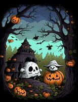 halloween spöke med pumpor. söt tecknad serie barns illustration av en spöke med pumpor. ai genererad foto