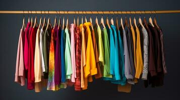 olika färgrik kläder på galge ai generativ foto