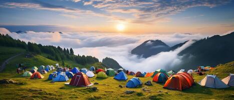 camping tält på de topp av berg ai generativ foto