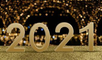 år 2021 tal på gyllene bokeh bakgrund ny år humör, jul, hälsning kort, ny år bakgrund foto