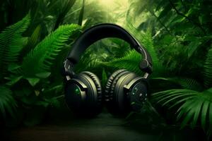 tropisk natur musik hörlurar. generera ai foto