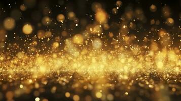 abstrakt lyx guld bakgrund med guld partiklar. glitter årgång lampor bakgrund. jul gyllene ljus glans partiklar bokeh på mörk bakgrund. guld folie textur. Semester. ai generativ foto