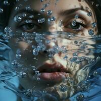 en kvinna under vattnet med de ord aqua på den ai generativ foto
