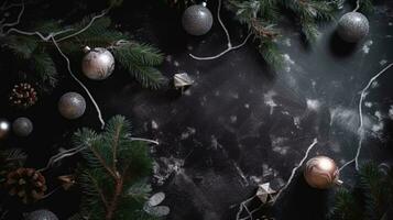 jul ornament med gåva lådor , gran och kopia Plats ai generativ foto