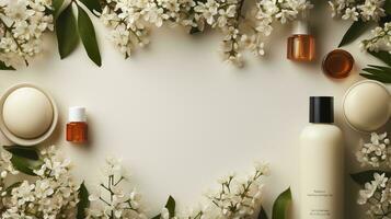 hud vård produkt flaska, lotion ,schampo, ansiktstvätt med blommig bakgrund ai generativ foto