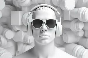 minimal scen av solglasögon och hörlurar på mänsklig huvud skulptur, musik begrepp, 3d tolkning. ai generativ foto