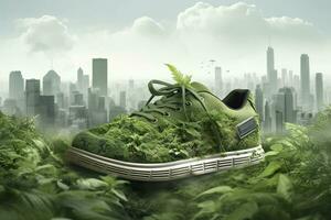 en Foto var tagen sko med grönska och stad , kol fotavtryck begrepp. ai generativ