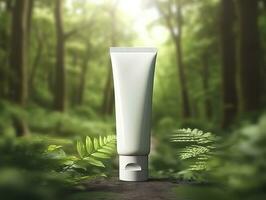 vit kosmetisk rör, kosmetisk produkt mockup, natur skog bakgrund, solsken stråle. ai generativ foto