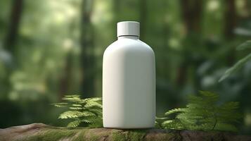 naturlig kosmetisk produkt presentation bakom kulisserna. utomhus skog placering. vit tom burk schampo flaska. 3d. ai generativ foto