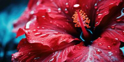 närbild hibiskus med droppar vatten tapet. skapas med ai verktyg foto