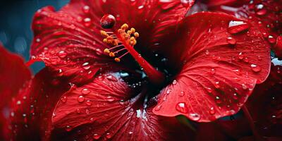 närbild hibiskus med droppar vatten tapet. skapas med ai verktyg foto