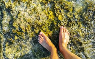 man fötter i vatten på stenar stenar koraller på strand. foto