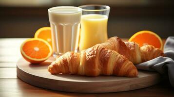 frukost bricka med croissanter och orange juice foto