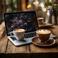 kaffe och bärbar dator på en trä- tabell foto