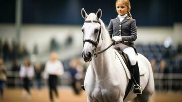 en flicka utför en dressyr rutin- med henne käpphäst foto