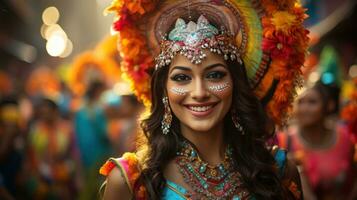 färgrik paraplyer och kostymer fylla de gator på mumbai karneval i Indien foto