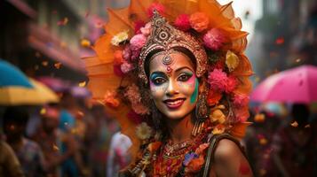 färgrik paraplyer och kostymer fylla de gator på mumbai karneval i Indien foto