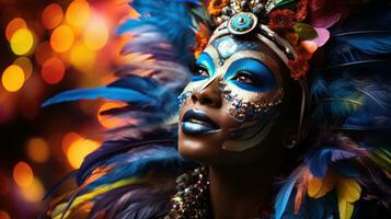 färgrik masker och fjädrar smycka dansare på rio karneval foto