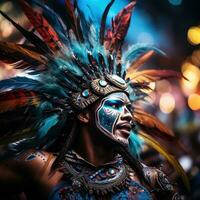 färgrik masker och fjädrar smycka dansare på rio karneval foto