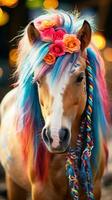 närbild av en käpphäst med en färgrik manen och tyglar foto