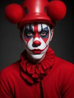 mima man röd, gul, grön, rosa, blå och färgrik måla ansikte sportig fläkt clown cirkus porträtt konst, ai genererad foto