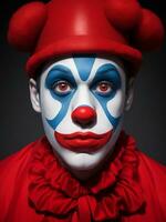 mima man röd, gul, grön, rosa, blå och färgrik måla ansikte sportig fläkt clown cirkus porträtt konst, ai genererad foto