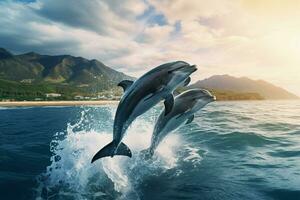 ai genererad lekfull delfiner Hoppar över brytning vågor. hawaii pacific hav vilda djur och växter landskap. marin djur i naturlig livsmiljö foto