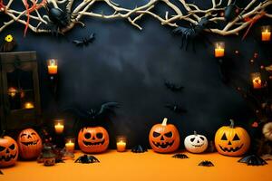 begrepp av hallowen, höst fortfarande liv av små pumpor den där lögn på torr löv på en mörk trä- bakgrund ai genererad foto