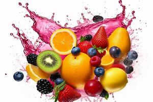 ai genererad Foto av färgrik frukt stänka ner på en enkel bakgrund stänk av juice