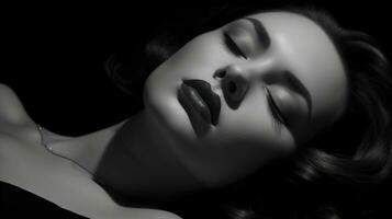ung skön kvinna liggande på en svart och vit bakgrund generativ ai, ai genererad foto