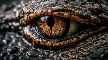 en närbild skott av en svart och vit krokodil med dess öppen ögon generativ ai, ai genererad foto