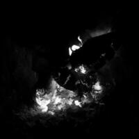 vackert lågbrunt trä mörksvart kol på ljusgul eld inuti metallbrännare foto