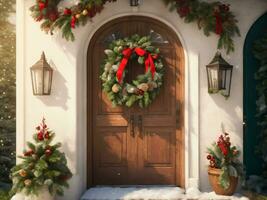 jul krans på trä- dörr ai generativ foto