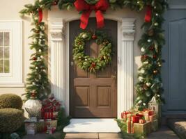 hus dekorerad för de vinter- högtider med jul krans och dekoration använder sig av ai generativ foto