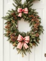 dekorerad dörr hus med jul krans använder sig av ai generativ foto