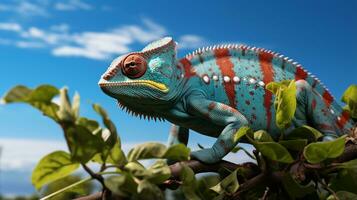 Foto av en kameleont under blå himmel. generativ ai