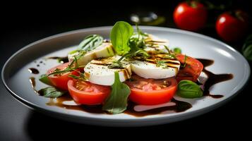 Foto av caprese sallad som en maträtt i en high-end restaurang. generativ ai